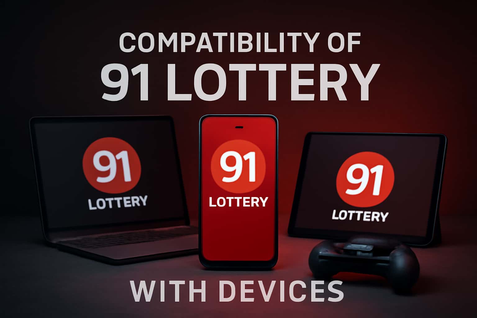 Informational scene depicting the compatibility of 91 Lottery with various devices.
